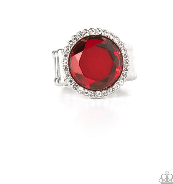 Paparazzi "Crown Culture" Silver Metal & Large Faceted Red Rhinestone Elastic Back Ring