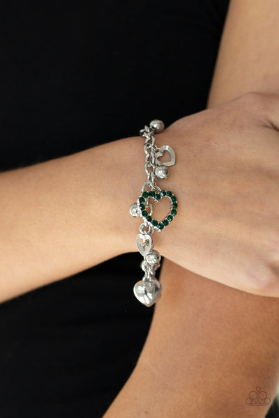"Beautifully Big Hearted" Silver Green Rhinestone Heart Charm Bracelet