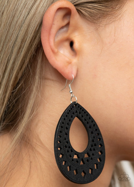 "Belize Beauty" Stenciled Cutout Tribal Inspired Black Wood Earrings