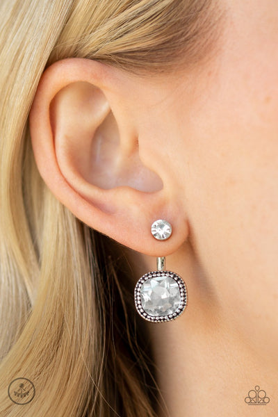 "Celebrity Cache" Silver Metal Round & Cushion Rhinestone Ear Jacket Earrings