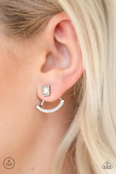 Paparazzi " Delicate Arches " Silver Metal Clear Emerald Cut Rhinestone Ear Jacket Earrings