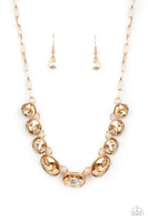 "Gorgeously Glacial" Gold Metal Iridescent Champaign Rhinestone Necklace Set