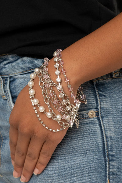 " Heiress Hustle" Multi Chain Pink Bead & White Rhinestone Clasp Bracelet