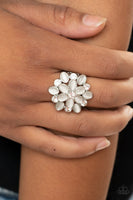 "Hopes and Gleams" Silver White Cat's Eye Flower Floral Elastic Back Ring