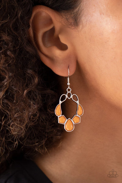 "It's Rude to Steer" Silver Metal Multi Shaped Orange Stones Dangle Earrings