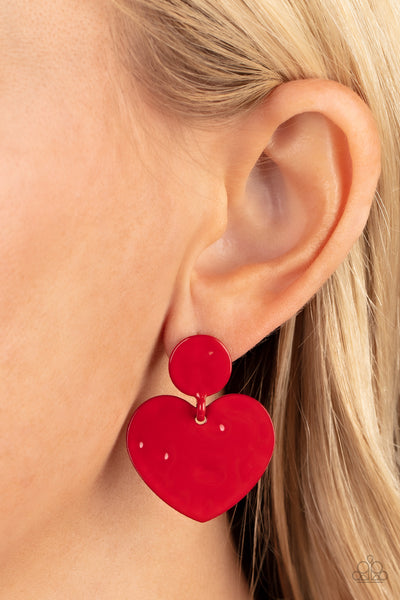 "Just a Little Crush" Red Painted Metal Textured Black Heart Drop Post Earrings