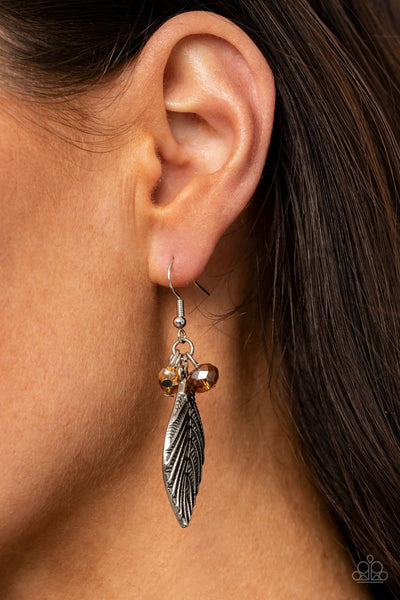"Leaf it to Fate" Silver Metal Leaf with Brown Accents Drop Dangle Earrings