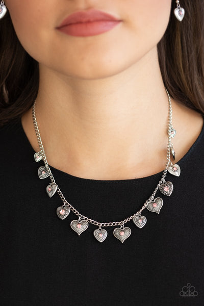 "Lovely Lockets" Silver Pink Rhinestone Heart Necklace Set