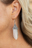 "Pyramid Sheen" Silver Metal & Hematite Rhinestone Tassel Earrings