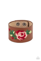 "Rebel Rose" Brown Leather Floral Embroidered Red Rose Snap Bracelet