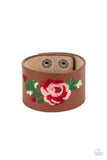 "Rebel Rose" Brown Leather Floral Embroidered Red Rose Snap Bracelet