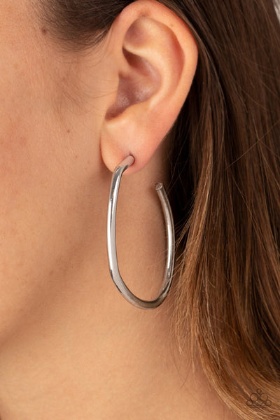"Rough it Up" Silver Metal High Polished Asymmetrical Hoop Earrings