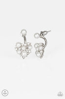 "Star Studded" Silver Metal White Bead & Rhinestone Heart Ear Jacket Earrings