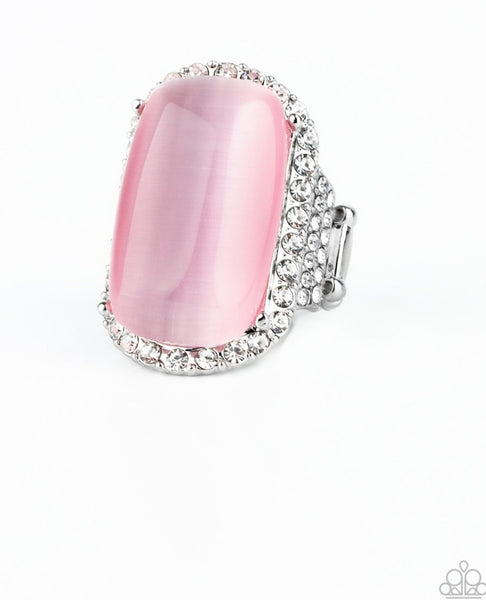 Paparazzi " Thank You Luxe-y Stars " Silver Metal & Large Pink Cat's Eye Elastic Back Ring