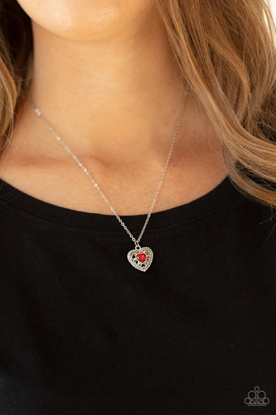 "Treasures of the Heart" Silver White Halo & Red Rhinestone Heart Necklace Set