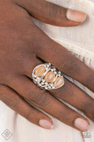 Paparazzi "Underrated Shimmer" Silver Orange Cat's Eye & Clear Rhinestone Elastic Back Ring