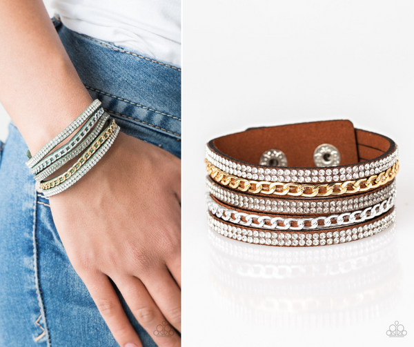 "Fashion Fiend" Brown Clear Rhinestone LEATHER Snap Band Bracelet