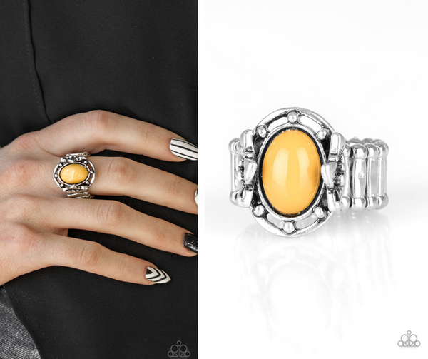Paparazzi " Color Me Confident " Silver metal Shiny Yellow Stone Elastic Back Ring