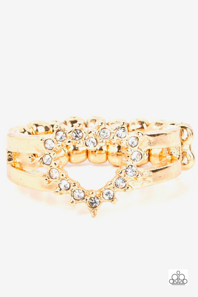 Paparazzi " First Kisses " Gold Metal & White Rhinestone Dainty Open Heart Elastic Ring