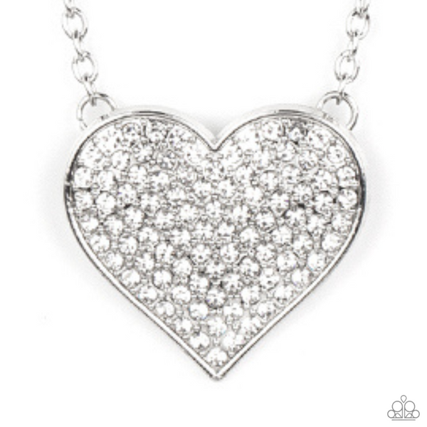 "Spellbinding Sweetheart" Silver Metal & White Rhinestone Heart Necklace Set