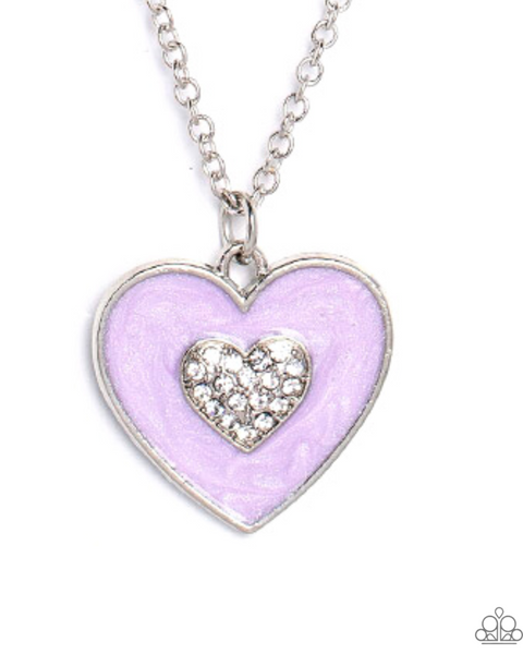 "So This is Love" Silver Metal & Pearly Purple Enameled  & Rhinestone Heart Necklace Set