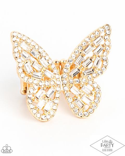 "Flauntable Flutter" Gold Metal & Clear/White Rhinestones Butterfly Elastic Ring