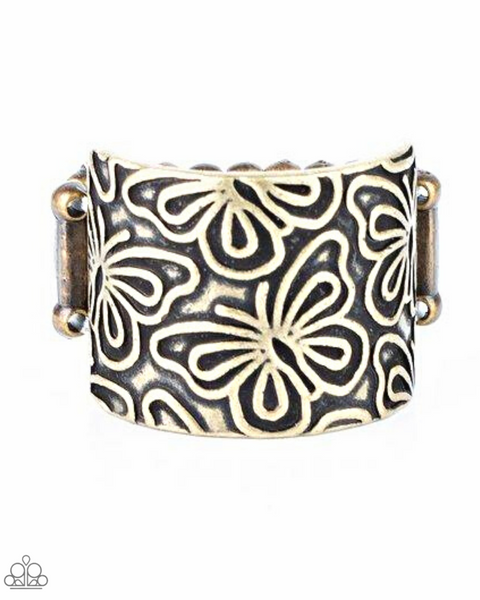 Paparazzi " Butterfly Bayou " Brass Metal Multi Embossed Butterfly Elastic Back Ring