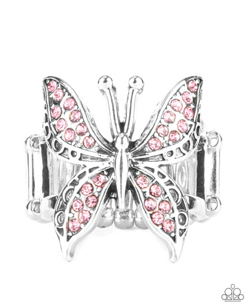 "Blinged Out Butterfly" Silver Metal & Pink Rhinestone Butterfly Elastic Ring