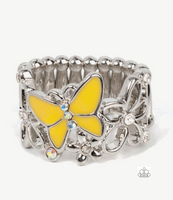 "All Fluttered Up" Silver Metal & Yellow Enameled Butterfly & Flowers Elastic Ring