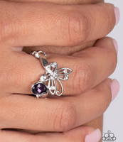 "Flawless Flutter" Silver Metal & Purple Rhinestones Open Butterfly Elastic Ring