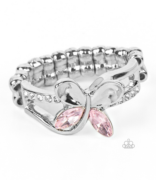 "Fetching Flutter" Dainty Silver Metal & Pink/White Rhinestone Butterfly Elastic Ring