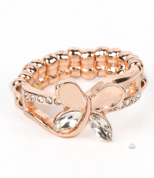 "Fetching Flutter" Dainty Rose Gold Metal & White Rhinestone Butterfly Elastic Ring