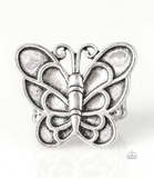 Paparazzi " Sky High Butterfly " Antiqued Silver Metal Large Butterfly Elastic Back Ring