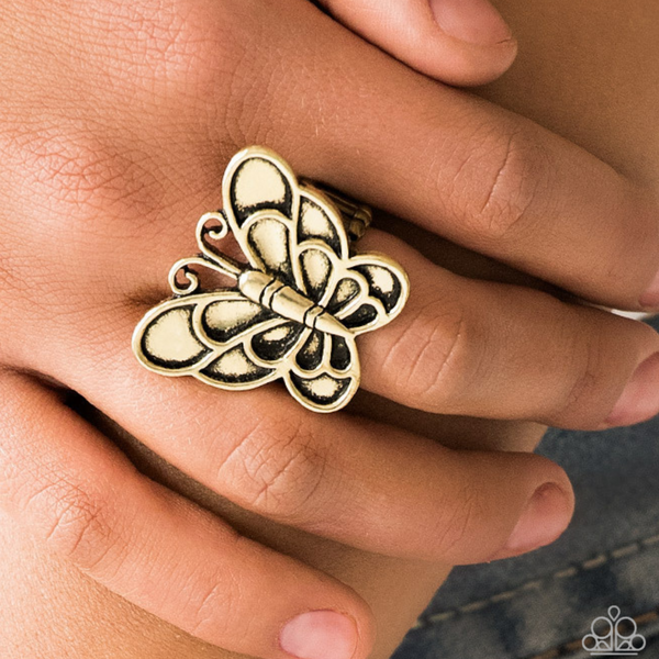 Paparazzi " Sky High Butterfly " Antiqued Brushed Brass Metal Large Butterfly Elastic Back Ring