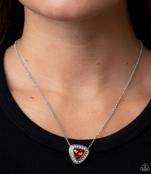 "The Whole Package" Silver Metal & Red Trillion Rhinestone Halo Heart Necklace Set