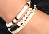 "Matriarchal Melody" Tan, Black and White Discs Featuring "WISH" Stretch Bracelets Set of 3