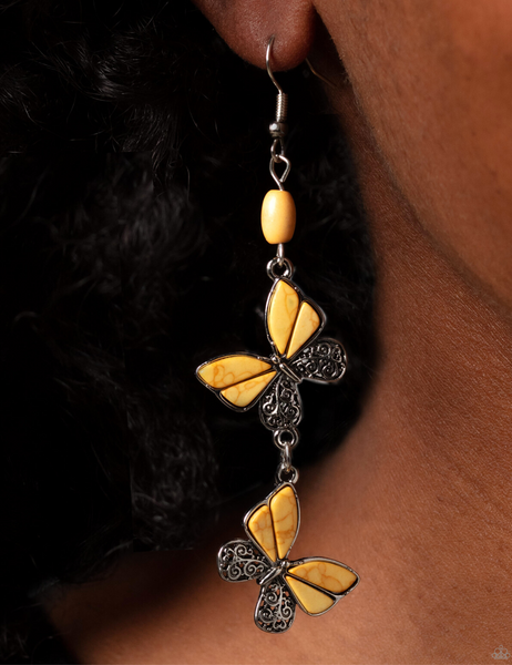 " Spirited Soar " Silver Metal & Yellow Crackle Stone Double Butterfly Dangle Earrings