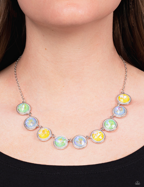 "Queen of the Cosmo" Silver Metal & Light Pastel Iridescent Round Faceted Rhinestones Necklace Set