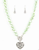 "Color Me Smitten" Silver Metal & Mint Green Pearly Beaded White Rhinestones Heart Necklace Set