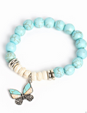 "Bold Butterfly" Silver Metal & Blue/White Crackle Stone Filigree Butterfly Stretch Bracelet