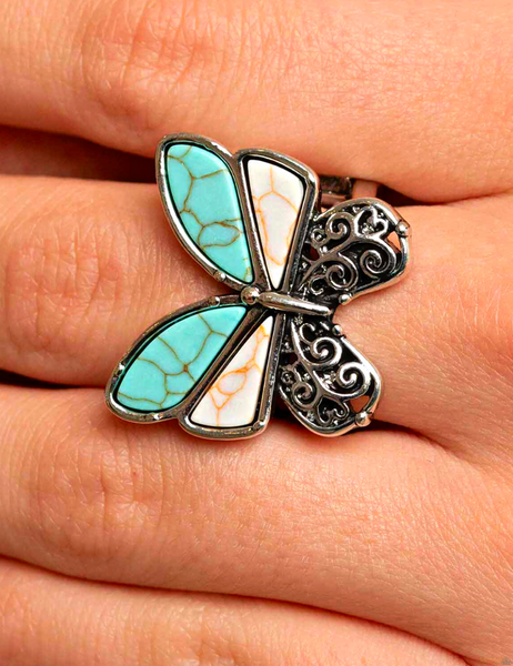 "Wild Wings" Silver Metal & Blue/White Crackle Stone Filigree Butterfly Elastic Ring