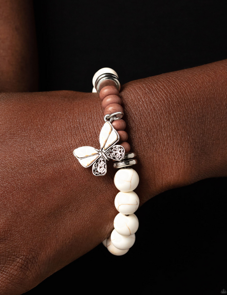 "Bold Butterfly" Silver Metal & Brown/White Crackle Stone Butterfly Charm Stretch Bracelet