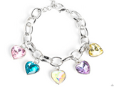 "Candy Heart Charmer" Silver, Multi Pastel Colored Rhinestone Multi Heart Charm Bracelet