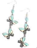 " Spirited Soar " Silver Metal & Blue Crackle Stone Double Butterfly Dangle Earrings