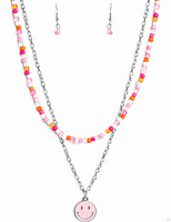 "High School Reunion" Silver with Multi Chain & Colored Beads & Pink Smiley Face Necklace Set