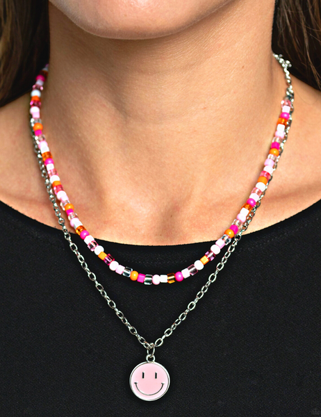 "High School Reunion" Silver with Multi Chain & Colored Beads & Pink Smiley Face Necklace Set