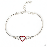 "Cupid's Confessions" Silver Metal & Red Rhinestone Triple Heart Bracelet