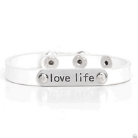 "Love Life" White LEATHER & Silver Bar with "LOVE LIFE" on it Snap Bracelet