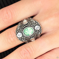 "In The Limelight" Silver Metal & Iridescent Green/White Rhinestone Elastic Back Ring
