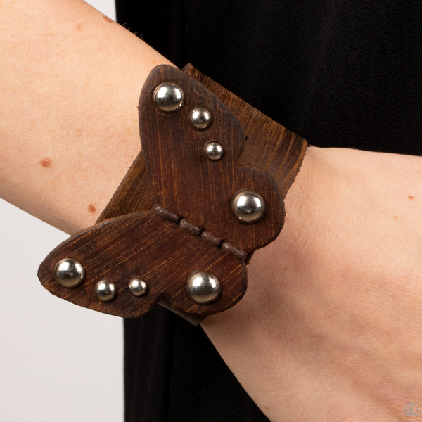 "Butterfly Farm" Genuine Brown Leather & Studded 2D Butterfly Snap Band Bracelet